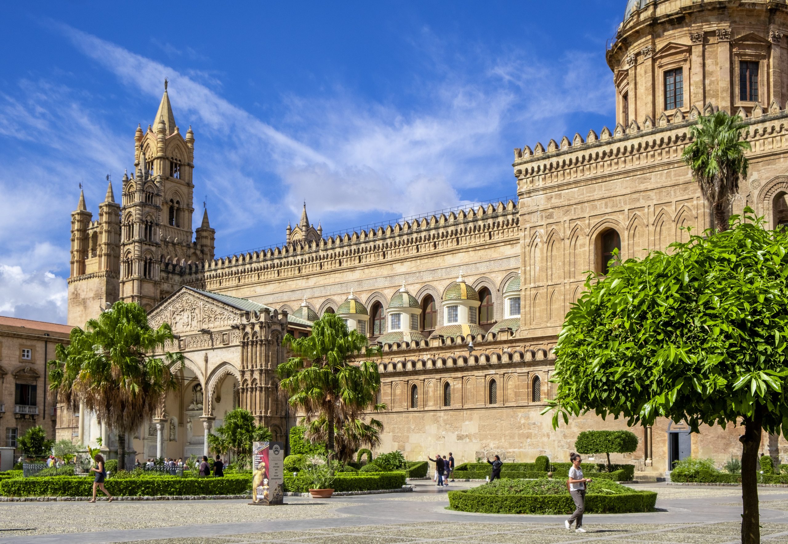 An ornate cathedral with palm trees in front of it in Palermo.